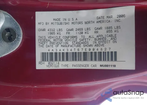 2007 Mitsubishi Eclipse Gt z USA, uszkodzony, nr VIN 4A3AK34T67E004827